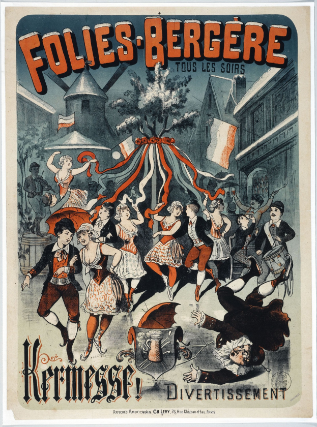 Plakat für das Folies Berg├Ęre-Festival in Paris, das T├Ąnzerinnen im Vordergrund und Geb├Ąude, B├Ąume und Flaggen im Hintergrund zeigt.