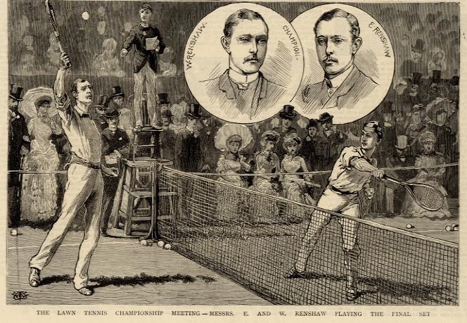 Schwarze und weiße Zeichnung von zwei Männern, die Tennis in einem Final-Satz spielen, mit Zuschauern im Hintergrund und Text unten, der lautet: "The Lawn Tennis Championship Meeting - Messers, E und W Renshaw spielen den Final-Satz."