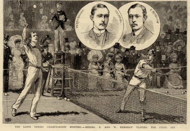Schwarze und weiße Zeichnung von zwei Männern, die Tennis in einem Final-Satz spielen, mit Zuschauern im Hintergrund und Text unten, der lautet: "The Lawn Tennis Championship Meeting - Messers, E und W Renshaw spielen den Final-Satz."