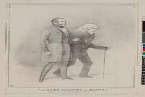 Zwei Männer stehen nebeneinander auf einem Papier mit Text und Farbskalen, einer hält einen Stock, mit der Inschrift "Der Weg des Blinden" auf dem Papier.