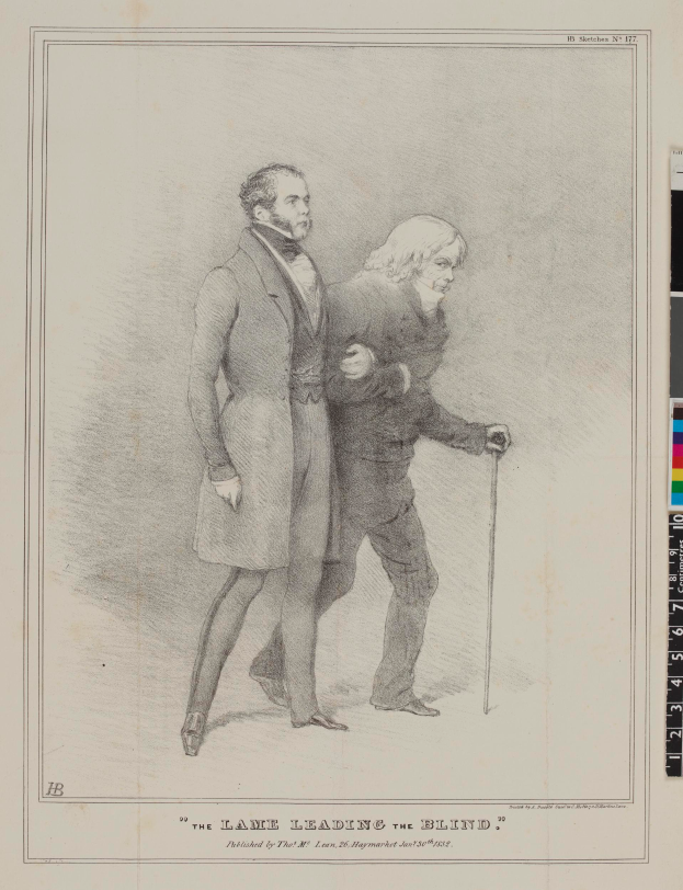 Zwei Männer stehen nebeneinander auf einem Papier mit Text und Farbskalen, einer hält einen Stock, mit der Inschrift "Der Weg des Blinden" auf dem Papier.