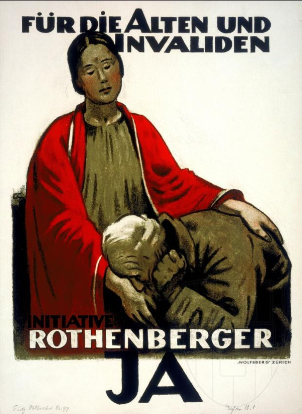 Deutsches Propagandaplakat namens 'Rothenberger JA' mit einer Frau, die ein Baby hält, und Textinformationen zum Projekt.