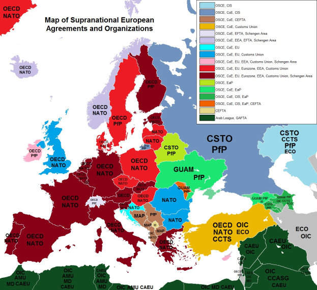Eine bunte Europakarte, die Länder und ihre Abkommen oder Organisationen hervorhebt, mit begleitendem Text, der die Details erklärt.