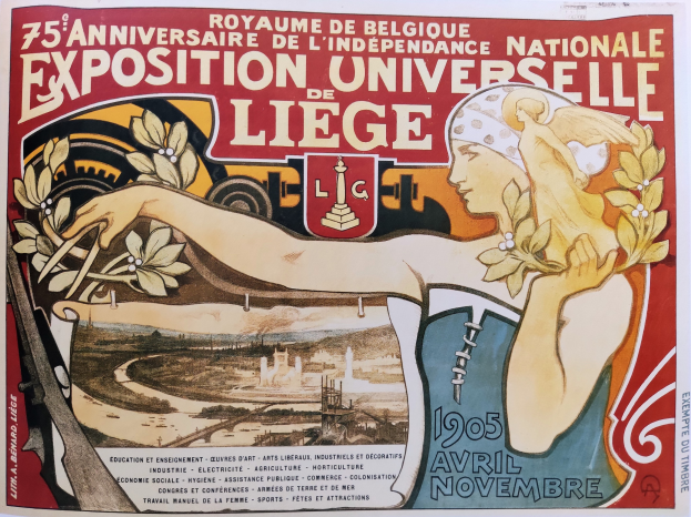 Plakat zum 75-jährigen Jubiläum der Nationalen Ausstellung Universelle de Liège, das eine Frau mit Blumenstraßus und Ereignisdetails zeigt.