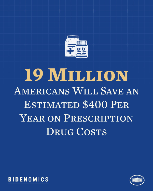 Ein blauer Hintergrund mit wei├čer Schrift und einem Logo, das "19 Millionen Amerikaner werden sch├Ątzungsweise 400 USD pro Jahr an Arzneikosten sparen" liest.