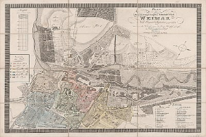 Ausführliche alte Karte von Weimar, Deutschland, mit Straßen, Gebäuden und Sehenswürdigkeiten sowie begleitendem Text über die Bevölkerung und Merkmale der Stadt.