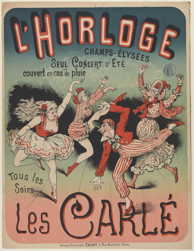 Ein farbenfrohes Konzertplakat für ein Event im Chorlage in Paris, Frankreich, mit einer Gruppe von Menschen, die in bunten Kostümen tanzen und strahlende Gesichter haben, umgeben von auffälligem Text auf einem hellgelben Hintergrund.