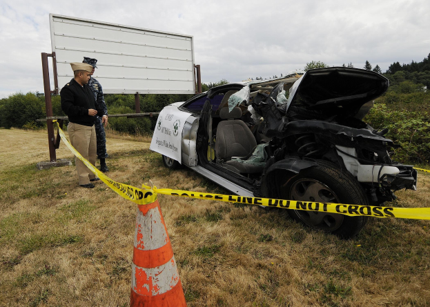 Ein Polizist in Uniform steht neben einem schwer beschädigten Auto am Straßenrand, mit eingedellter Motorhaube und zersplitterten Fenstern, neben einem Verkehrskegel und einem bandagierten Pfahl, vor einem Hintergrund von Bäumen und einem bewölkten Himmel.