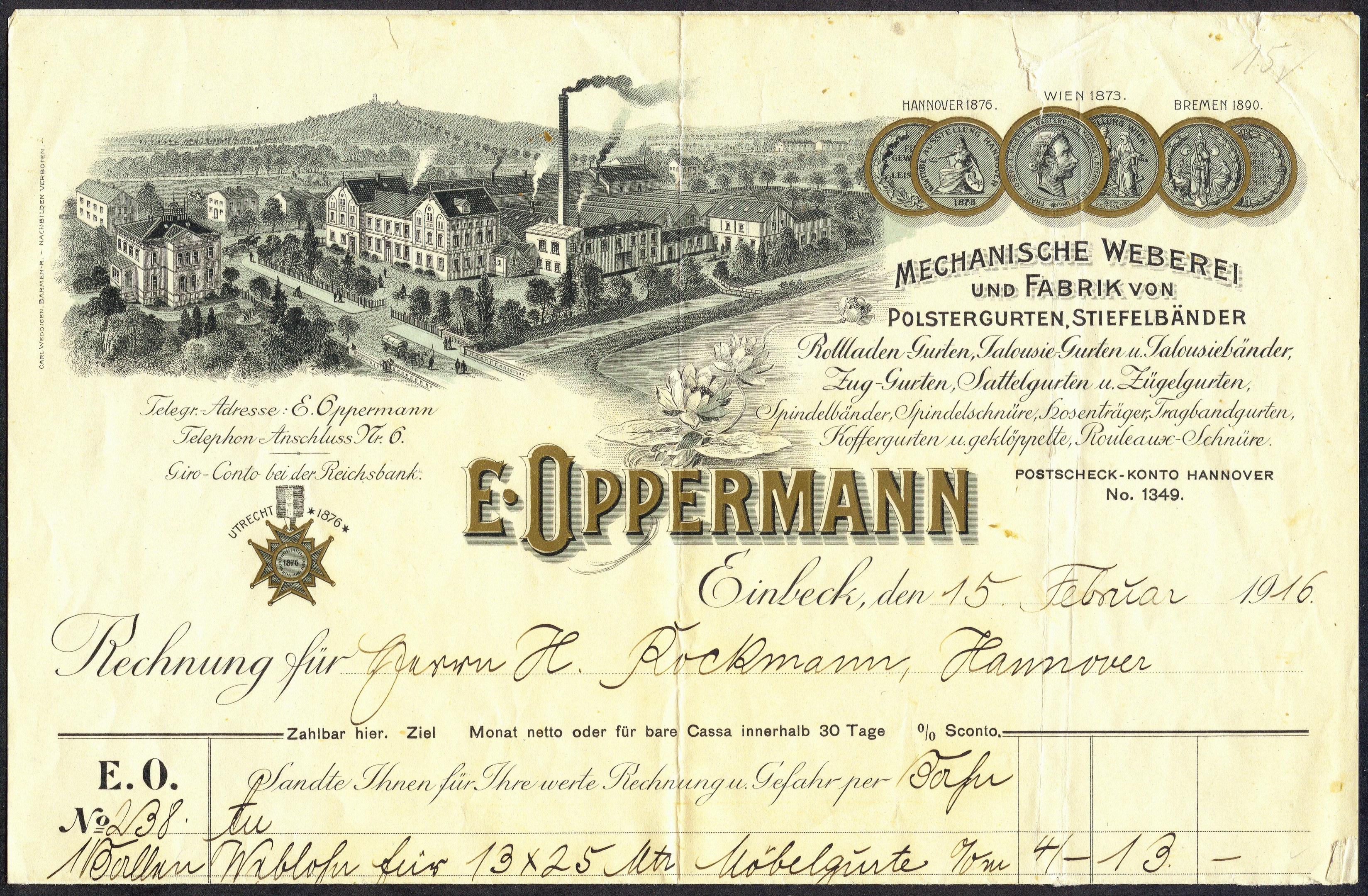 Alte deutsche Banknote mit einer Fabriklustration, mit Text, Zahlen und Bildern von Gebäuden, Bäumen und Rauch.