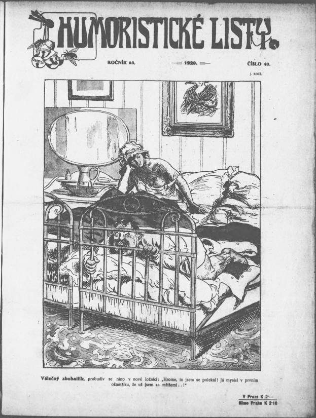 Schwarze und weiße Illustration einer Person, die auf einem Bett liegt, mit einem Spiegel auf dem Nachttisch und einem Rahmen an der Wand, begleitet von Text, der "humoristicke list - czechoslovakia - april 20, 1920" an der Ober- und Unterseite des Bildes liest.