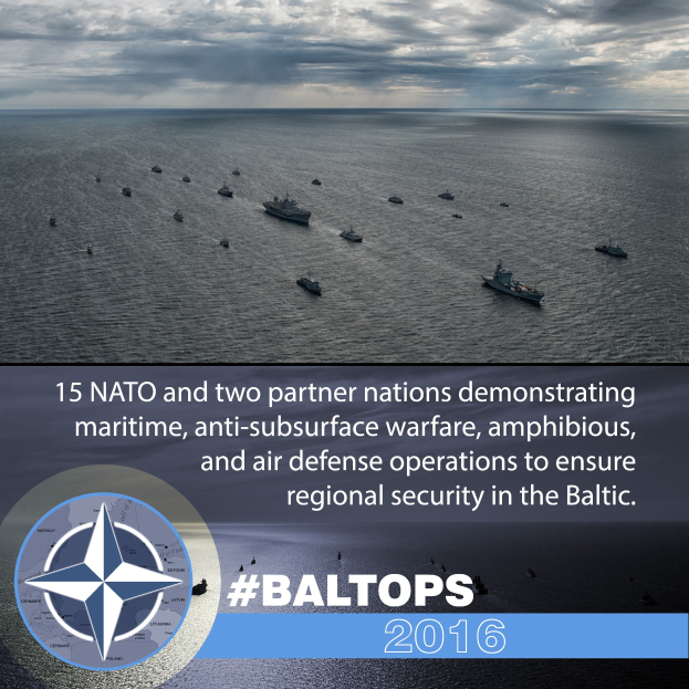 Gruppe von Schiffen auf dem Wasser mit bewölktem Himmel, mit Text und Logo über NATO-Meeressicherheits- und Regionalsicherheitsoperationen in der Ostsee.