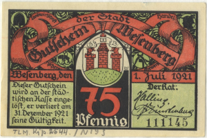 Eine alte deutsche Banknote mit einer Gebäudeabbildung, Text 'Bundesliga' und Logo unten auf einem weißen Hintergrund.