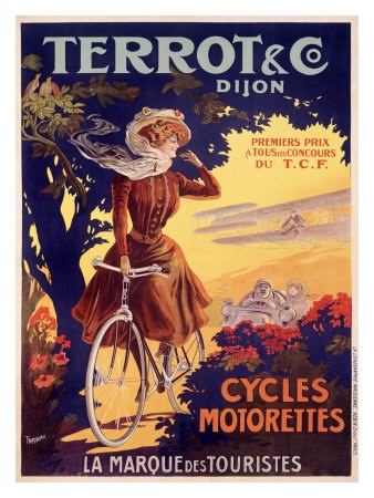 Ein Plakat, das eine Fahrradtour in Frankreich ankündigt, zeigt eine Frau auf einem Fahrrad umgeben von Bäumen, Blumen und anderen Menschen, mit Text, der die Tour beschreibt.