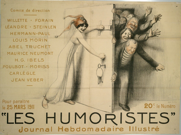 Ein buntes Plakat an einer Gebäudewand mit der Überschrift "Les Humoristes Journal Hebdomadaire Illustré" mit einer Gruppe von lachenden, fröhlichen Menschen.