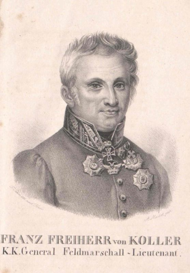 Porträt von Franz Freiherr von Koller, einem deutschen General, in militärischer Uniform mit Text unten im Bild.