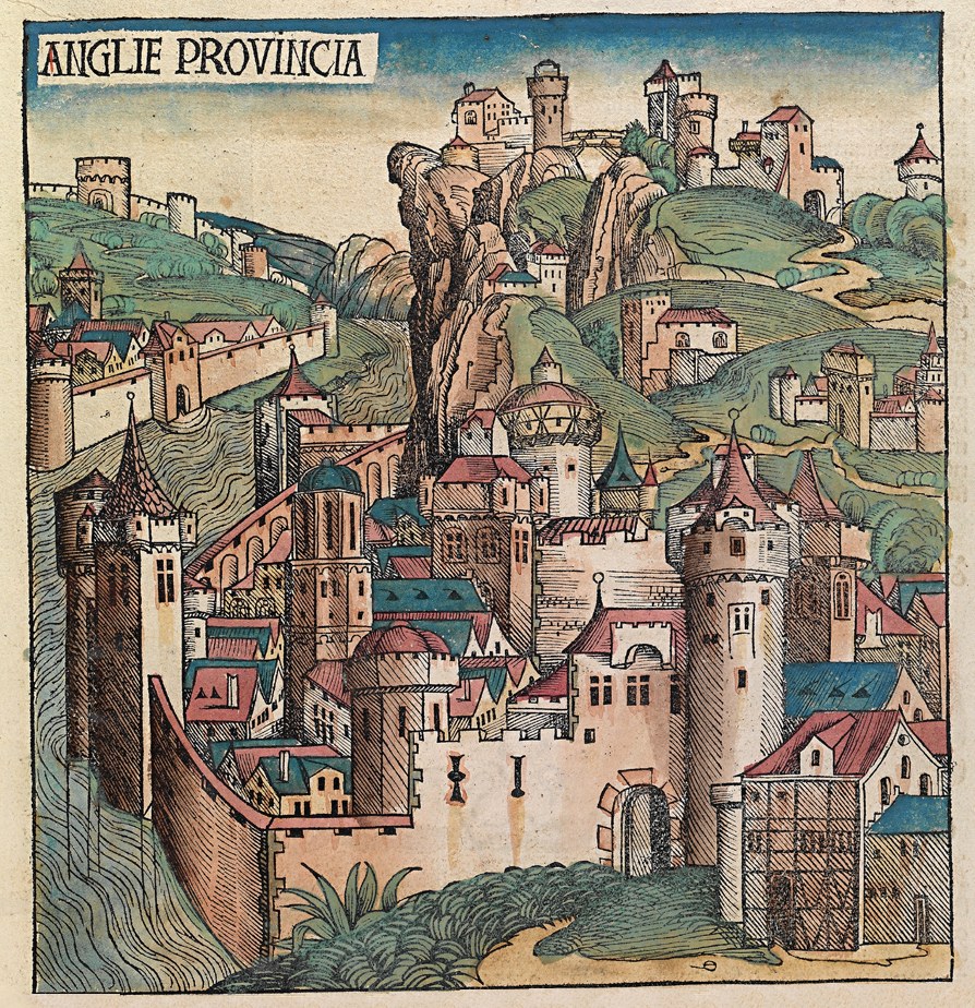 Gravur einer mittelalterlichen Stadt mit einer Burg auf einem Hügel, umgeben von Gebäuden, Bäumen und einem Himmel, mit Text oben.