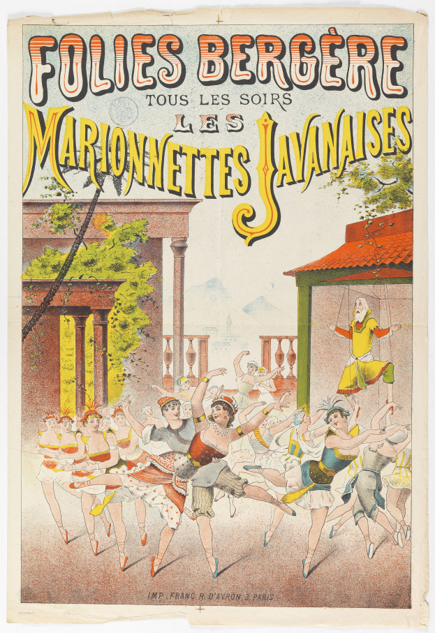 Ein Plakat, das eine Tanzshow in Paris, Frankreich, bewirbt, zeigt eine Gruppe von Menschen, die im Vordergrund tanzen, mit einem Gebäude, Bäumen und Himmel im Hintergrund und Text auf dem Plakat.