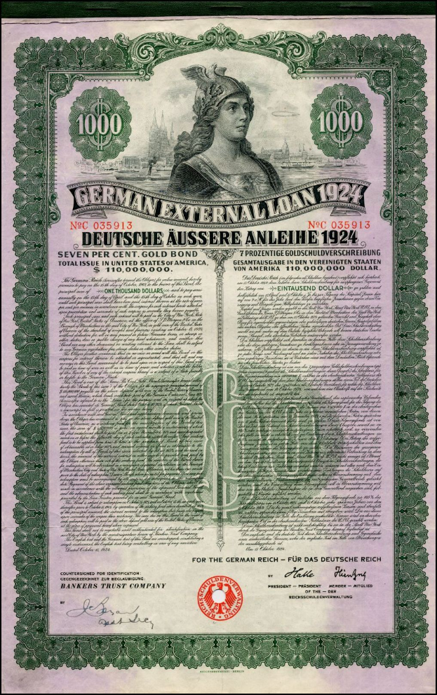 Deutsches Auslandsanleihe-Zertifikat aus dem Jahr 1924 mit einem Porträt einer Frau, bedruckt mit Text und numerischer Bezeichnung.