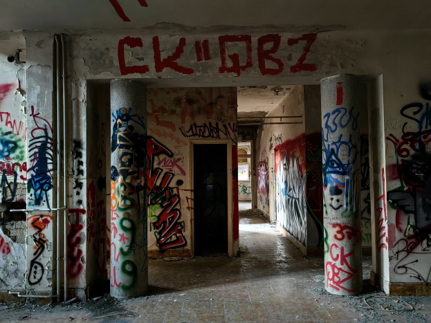 Verlassenes Gebäude mit Graffiti an Wänden, Säulen, freiliegenden Rohren und einem sichtbaren Boden, das eine Tür im Hintergrund zeigt.
