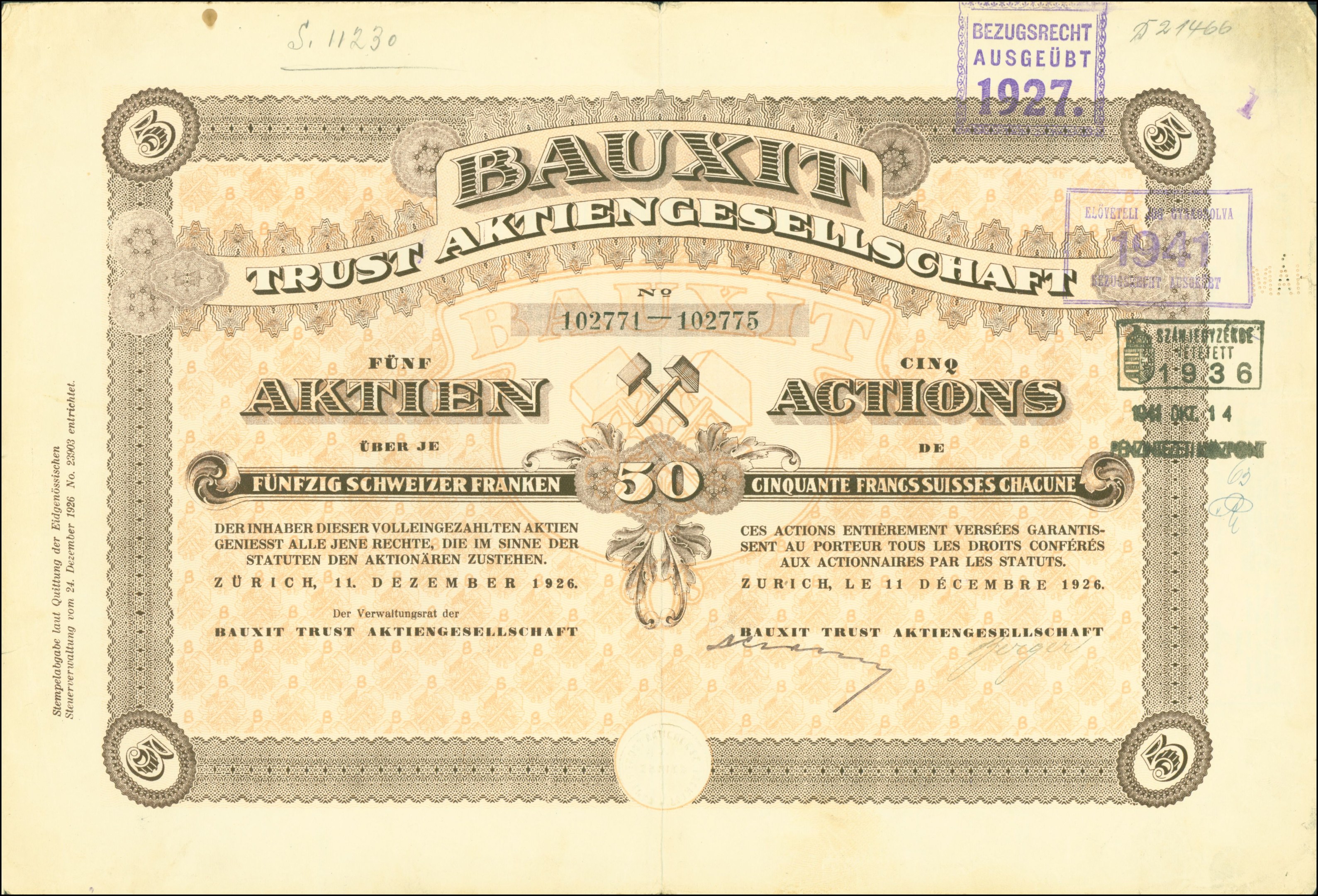 Alte deutsche Banknote mit Porträt eines Mannes, 'Bauxit Trust Aktiengesellschaft' Text und einem Stempel auf der rechten Seite.