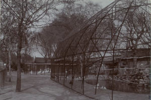 Ein Schwarz-Weiß-Foto eines Zoogeheges mit einer Brücke im Hintergrund, umgeben von Bäumen, einem Zaun und ein paar Menschen, mit Vögeln im Gehege und dem Himmel über der Brücke sichtbar.