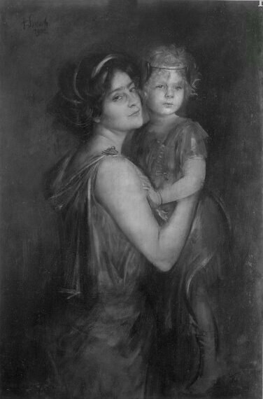 Schwarzes und weißes Porträt einer Frau, die ein Kind hält, beide schauen sich liebevoll an, mit dem Text "Mutter und Kind" unten.