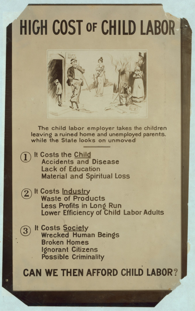 Ein Plakat mit einem blauen Hintergrund und einem wei├čen Rand, auf dem der Text "High Cost of Child Labor" umgeben von fotos von verschiedenen Personen mit unterschiedlichen Ausdr├╝cken zu sehen ist.