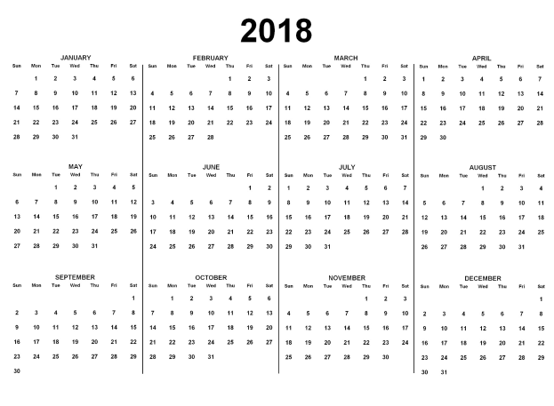 Ein schwarz-weißer 2018-Kalender, der die Feiertage der USA anzeigt, mit markierten Tagen in einem Raster und Feiertagen in fetter schwarzer Schrift.