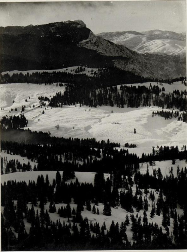 Schwarzes und weißes Foto einer schneebedeckten Gebirgskette mit Bäumen im Vordergrund und Himmel im Hintergrund, beschriftet mit "Sierra Nevada Ski Resort, California, USA."