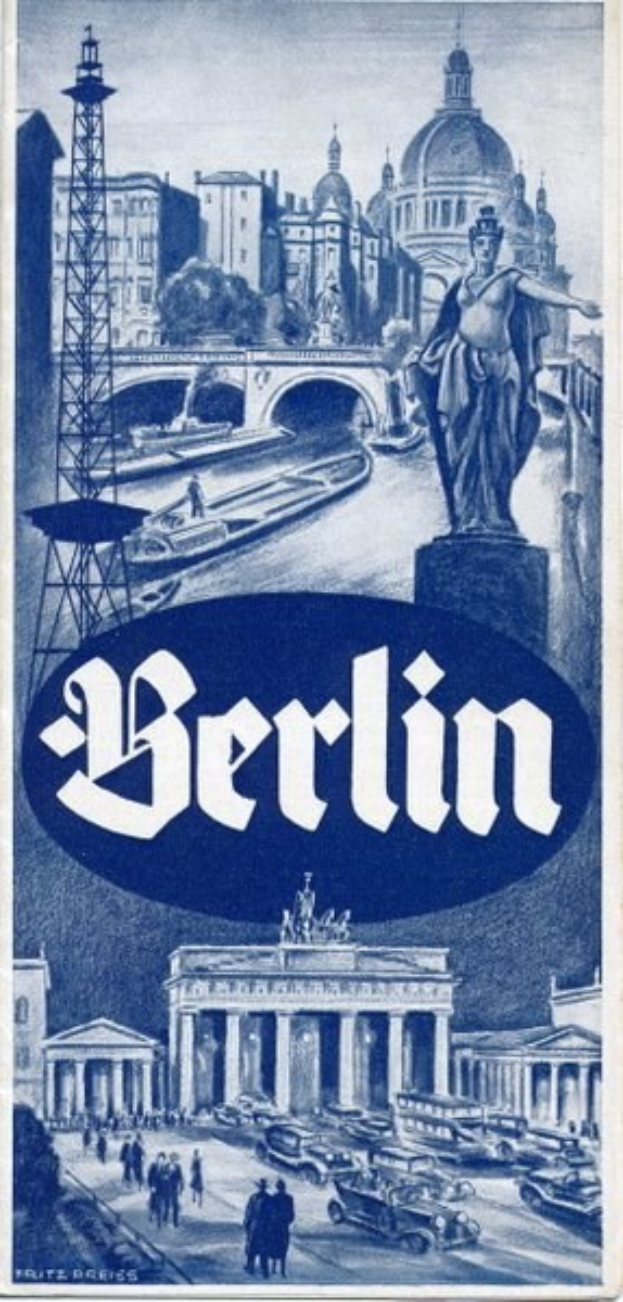 Plakat, das Berlin, Deutschland bewirbt, zeigt eine Statue, historische Gebäude, einen Turm, Fußgänger, Fahrzeuge auf einer Straße und eine Brücke, mit Text, der Stadtinformationen bereitstellt.