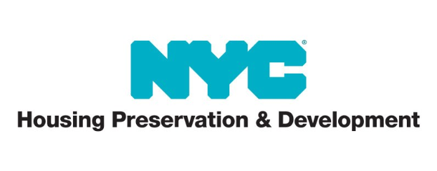 Weißer Hintergrund mit zentralem fetten schwarzen Text "NYC Housing Preservation & Development" in moderner Schriftart, eingerahmt von einem dünnen schwarzen Rand.