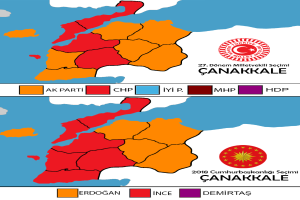 Eine Karte von Türkei, die in verschiedenen Farben die prozentuale Bevölkerung in jedem Gebiet zeigt, mit der Anzeige "Canakkale Wahlresultate 2018".
