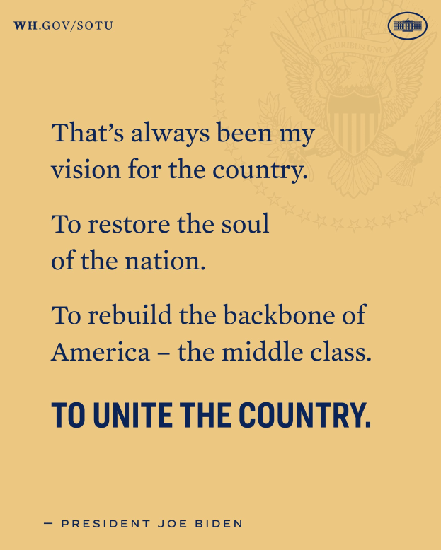 Plakat mit einem Zitat des Präsidenten Joe Biden über seine Vision, das Land wieder aufzubauen und die Mittelschicht zu stärken.