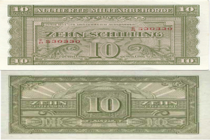 Eine deutsche 10-Schilling-Banknote von 1944, auf der die Aufschrift "10 Schilling" gedruckt ist.