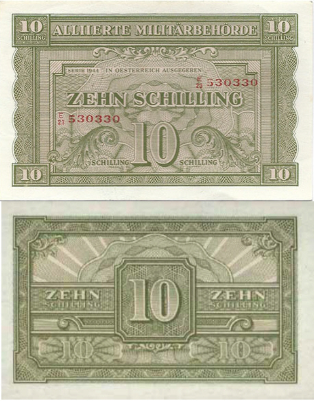 Eine deutsche 10-Schilling-Banknote von 1944, auf der die Aufschrift "10 Schilling" gedruckt ist.