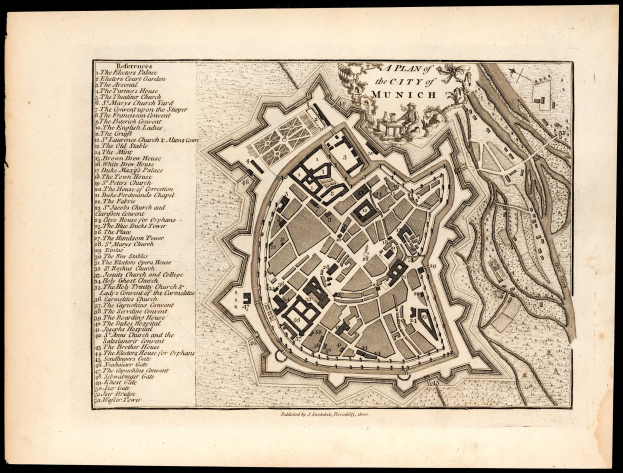 Ausführliche alte Karte von München, Deutschland, mit Straßen, Gebäuden und Sehenswürdigkeiten auf einem schwarzen Hintergrund.