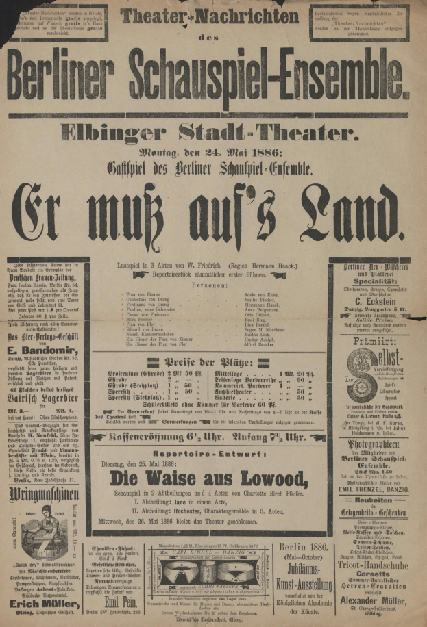 Schwarze Zeitungsanzeige für das Berliner Schauspiel-Ensemble aus dem Jahr 1866, die einen Mann in Anzug und Krawatte zeigt.