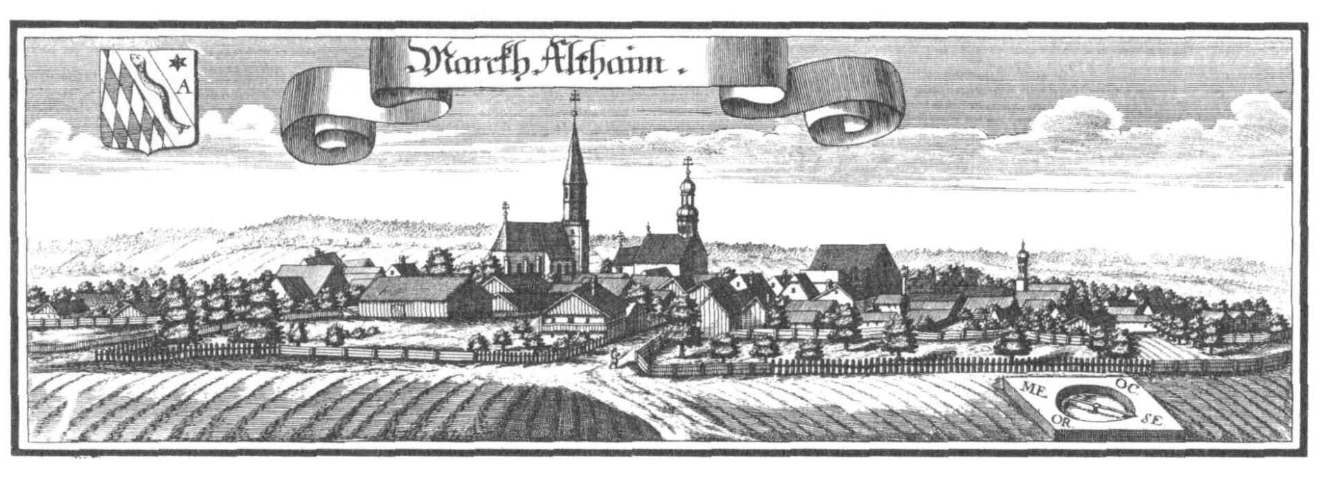 Schwarze und wei├če Zeichnung einer Stadt mit einer zentralen Kirche, umgeben von H├Ąusern, B├Ąumen und einem bew├Âlktem Himmel, mit einem Banner über der Stadt.