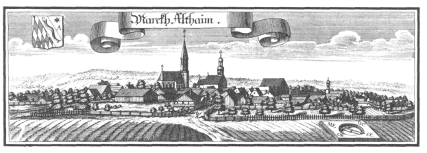 Schwarze und wei├če Zeichnung einer Stadt mit einer zentralen Kirche, umgeben von H├Ąusern, B├Ąumen und einem bew├Âlktem Himmel, mit einem Banner über der Stadt.