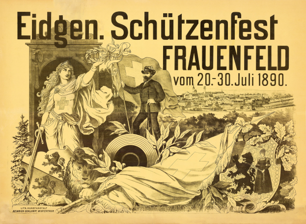 Plakat für das Eidgenössische Schützenfest in Frauenfeld, Deutschland, mit einem Mann im Anzug und einer Frau im Kleid, die nebeneinander stehen und Veranstaltungdetails.