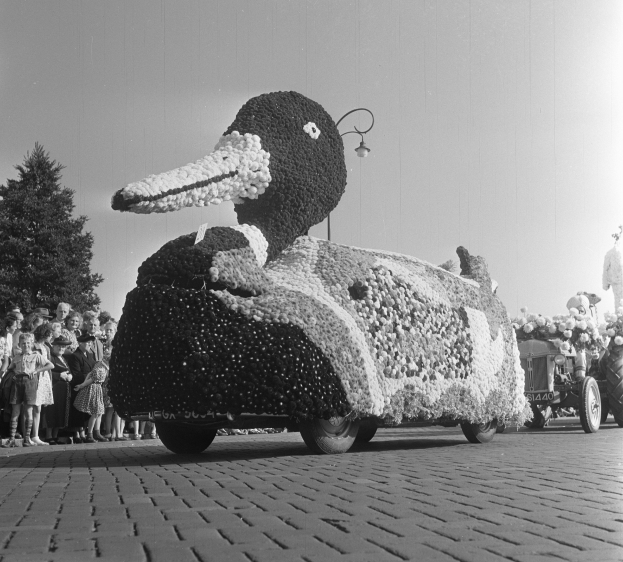 Schwarzes und weißes Foto eines Paradewagens in Form einer Ente, geschmückt mit Blumen, mit Menschen zu seiner Linken vor einem Hintergrund aus Bäumen und einem klaren Himmel.
