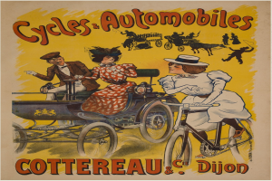 Plakat, das Fahrräder und Automobile in Cottereau und Dijon, Frankreich, zeigt, mit Menschen auf Fahrrädern und einer Kutsche mit dem Text "Fahrräder und Automobile" oben.