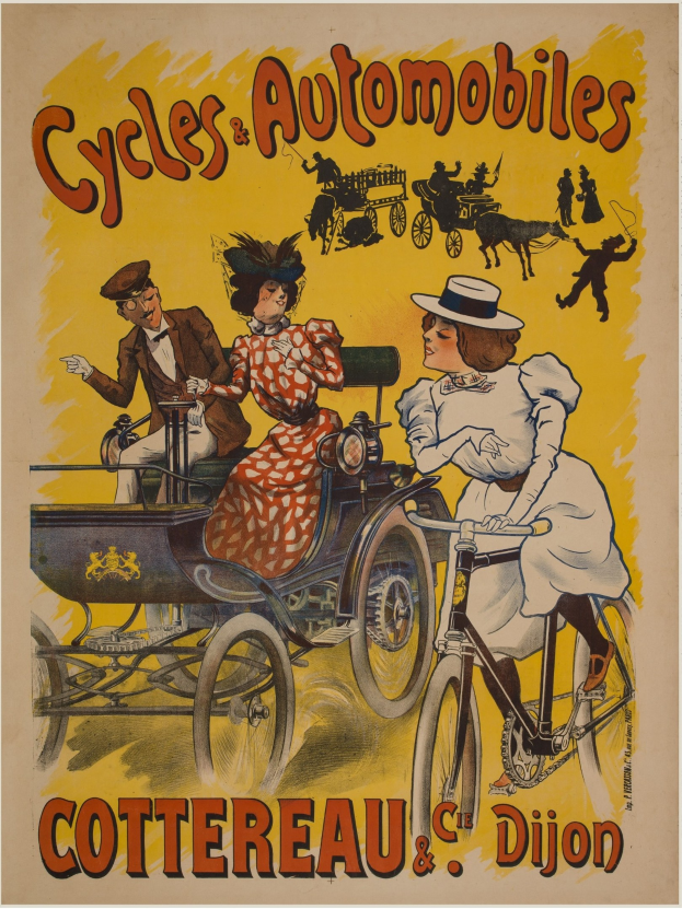Plakat, das Fahrräder und Automobile in Cottereau und Dijon, Frankreich, zeigt, mit Menschen auf Fahrrädern und einer Kutsche mit dem Text "Fahrräder und Automobile" oben.