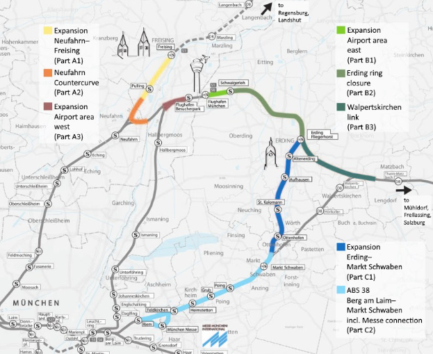 Eine detaillierte Karte einer Stadt mit einer hervorgehobenen Bahnroute von München nach Frankfurt, einschließlich Haltestellen, Umgebung und Bahn Details.
