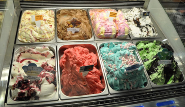 Verschiedene Eiscremesorten in Schalen mit Namensschildern darüber.