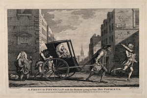 Ein französischer Arzt in einer Karre umgeben von ein paar Leuten, mit Gebäuden im Hintergrund und einem bewölkten Himmel, auf einem Schwarz-Weiß-Bild mit Text am unteren Rand.