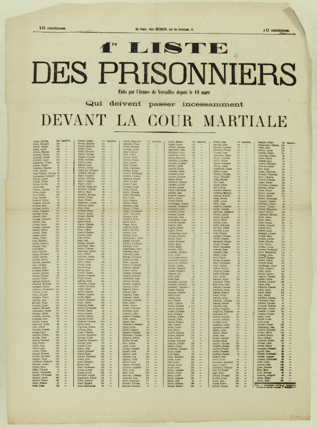 Eine alte, vergilbte Zeitung mit einer Liste von Gefangenen in zwei Spalten, eine für die Gefangenennummern und eine für die Namen, auf einem hellen cremefarbenen Hintergrund.