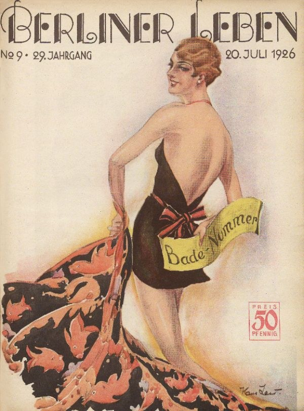 Titelbild der Berliner Leben Zeitschrift vom Juni 1926 mit einer Frau in einem Badeanzug, die ein Tuch hält, mit dem Zeitschriftennamen darüber.