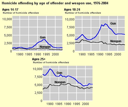 Diagramm, das die Homicid-Offending-Rates nach Alter des Täters und Waffengebrauch von 1976 bis 2004 zeigt, mit begleitendem erklärendem Text.