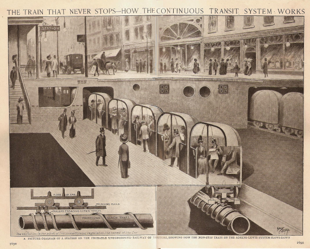 Ein Bild mit Fotos von Menschen, Zügen und anderen Gegenständen sowie dem Titel "Der Zug, der nie hält - wie das kontinuierliche Transit-System funktioniert".